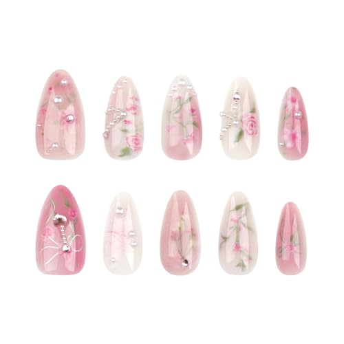 Pink Floral Medium Almond Press-On Nails with 3D Pearl Designs