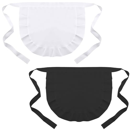 2 Pcs Women's White & Black Half Maid Apron Set - Retro Ruffle