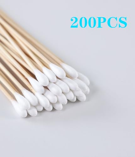 6 Inch Long Wooden Cotton Swabs 200 Count - Precision Applicators for Cleaning and Makeup