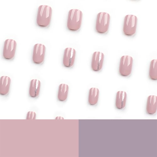 BFY Short Square Press on Nails - Glossy Purple Fake Nails with Glitter Lines, 24 Pcs