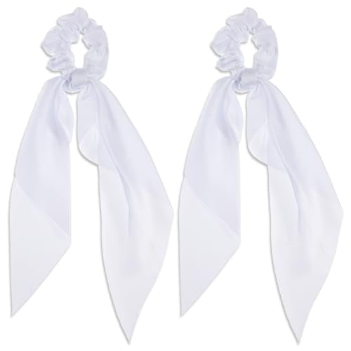 Mabor White Satin Hair Scrunchies with Bow Tails - 2 Pcs Elastic Hair Scarf