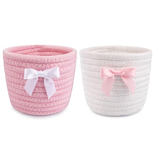 Pink Bow Makeup Brush Holder Set - Woven Cotton Storage Baskets