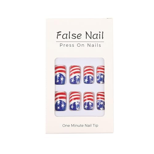 4th of July Press on Nails Medium Square Blue Red USA Flag False Nails