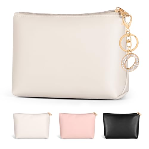 MAANGE Personalized PU Leather Makeup Bag with Initial Keychain Beige