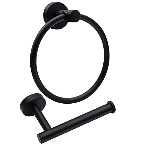 2pcs Matte Black Stainless Steel Toilet Paper Holder & Towel Ring Set