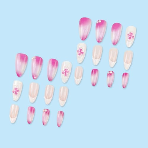 LBPEPAMZ 3D Floral Press On Nails Medium Almond White French Tip Fake Nails