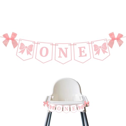 BOXOB Pink Bow One High Chair Banner - Pre-Strung First Birthday Party Decoration