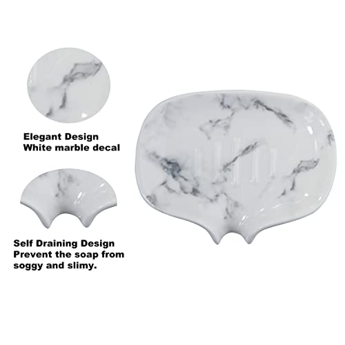 POLYDUKE Ceramic Soap Dish with Drain - White Marble Texture Soap Holder