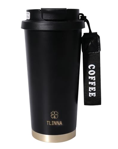 TLINNA 18oz Travel Mug with 2-in-1 Lid - Black Stainless Steel Tumbler