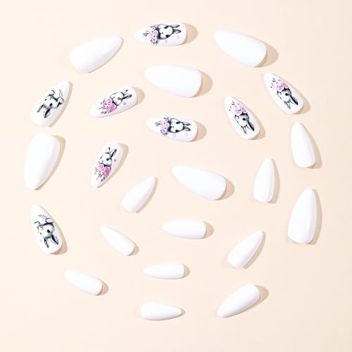Easter Bunny Press on Nails Medium Almond Glossy White Fake Nails