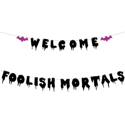 Welcome Foolish Mortals Halloween Banner Glitter Gothic Mansion Decor