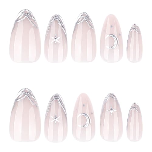 Almond Press On Nails Silver French Tip with 3D Star Designs Reusable
