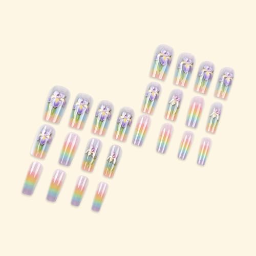 Pastel Rainbow Floral Press On Nails Medium Square Reusable Set