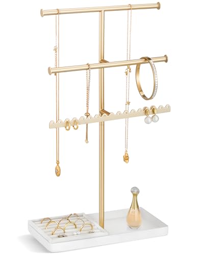 Gold 3-Tier Jewelry Organizer Stand - Metal Jewelry Holder for Necklaces, Earrings, Bracelets, Rings