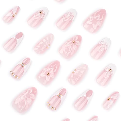 Medium Almond Press on Nails White French Fake Nails with Flower Design