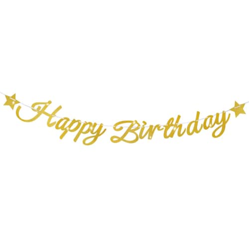 Golden Glitter Happy Birthday Banner with Star Decor and Hanging Ribbon