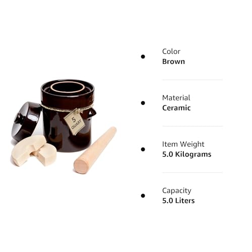 Fermentation Crock 1 Gallon - Sauerkraut Crock with Lid, Weights & Pounder - Ceramic Fermenting Crock Kit for Pickling Cabbage Kimchi Vegetables - 4 Liter Fermentation Jar - Stoneware Pickle Pot