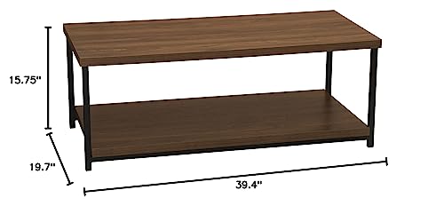Household Essentials Jamestown Rectangular Coffee Table with Storage Shelf Mid Century Walnut Wood Grain and Black Metal