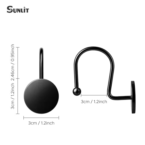 Sunlit Black Shower Curtain Hooks - 1.2 Inch Large Round Metal Rings for Bathroom