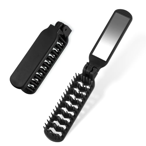 Foldable Travel Hair Brush with Built-in Mirror Compact Pocket Comb