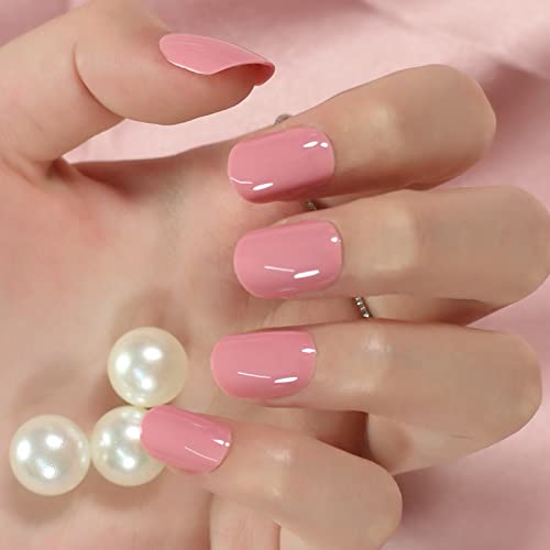 IKISKT Glossy Peach Pink Press on Nails Short Squoval Reusable False Nails