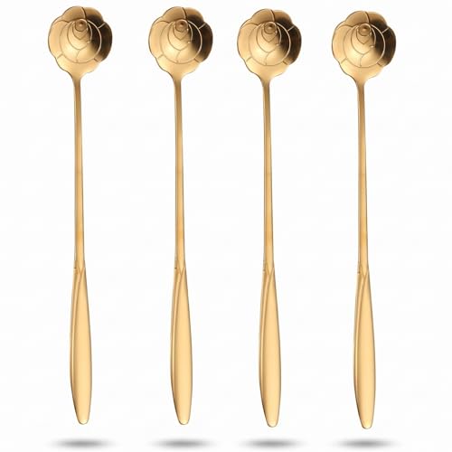Gold Rose Iced Tea Spoons Set of 4 - Long Handle Stainless Steel