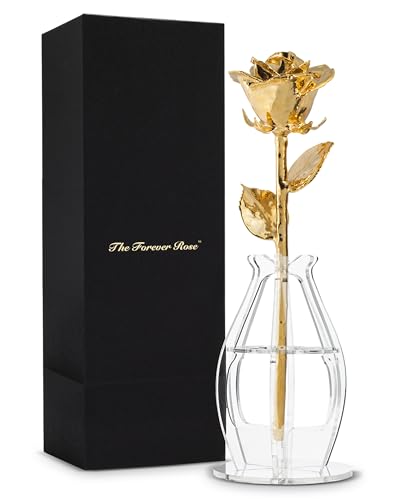 Forever Rose 24K Gold Dipped Real Rose in Bloom Box & Vase - Handmade Gift