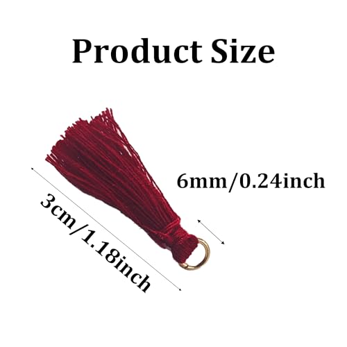 110Pcs Burgundy Mini Crafting Tassels with Golden Jump Rings - 3cm