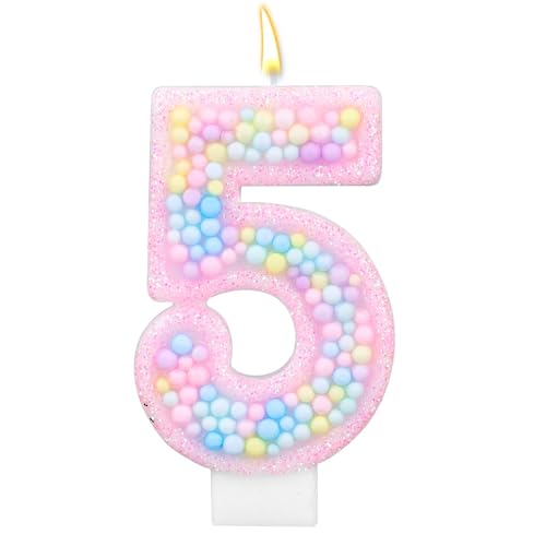 Lasuroa Number 5 Macaron Birthday Candle, Pink Glitter Cake Topper