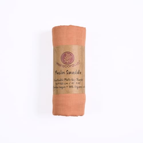Meracorallo Muslin Swaddle Blanket - Soft Bamboo Cotton, Orange, 47x47"