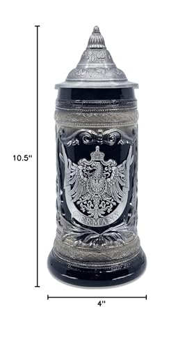 OktoberfestHaus German Adler (Eagle) Stein Mug With Lid - 1 Liter Charcoal Black Ceramic Beer Stein With Metal Emblem - Collectible Bier Krug for Men, Beer Lovers Gift