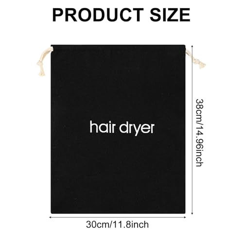 Black Canvas Hair Dryer Travel Bag 11.8x15 Inch Drawstring Storage Pouch