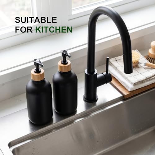 KASUNTING 17 Fl Oz Black Hand Soap Dispenser Set with Bamboo Pump