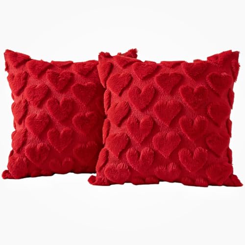 Valentines Day Red Faux Fur Throw Pillow Covers 18x18, Set of 2
