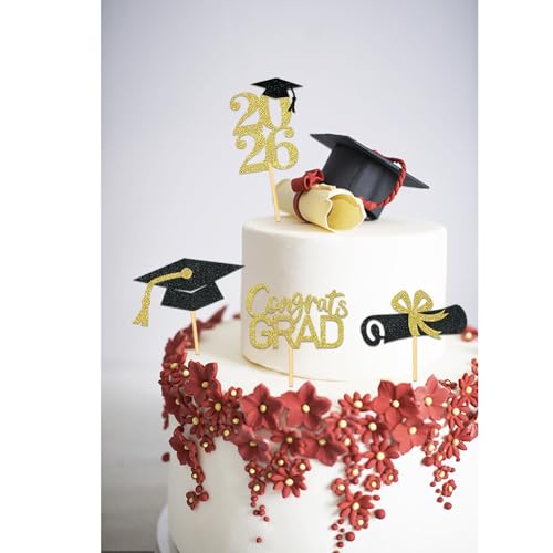 Black Gold Graduation Cupcake Toppers - Class of 2026, 24 Pack