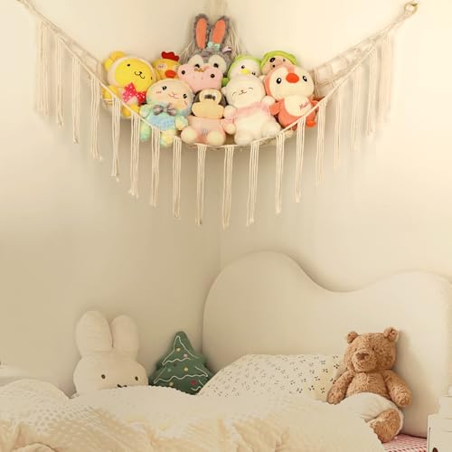 Large Cotton Stuffed Animal Hammock for Corner Storage - Boho Kids Organizer