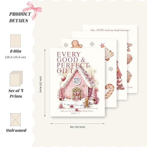 Pink Christmas Gingerbread House Wall Art Set - 8x10in Unframed, Bible Verse Variant