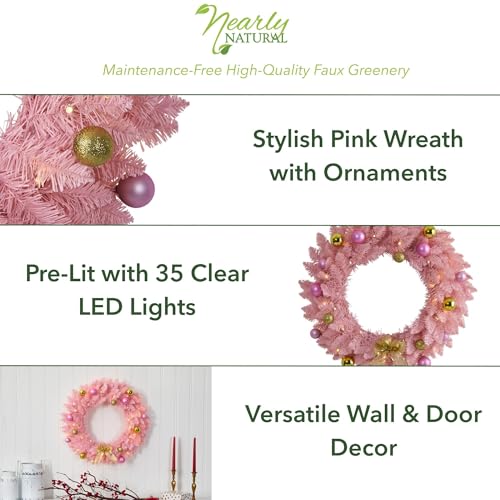 Pink Artificial Christmas Wreath with Pre-Lit LEDs - 24 Inch Holiday Decor