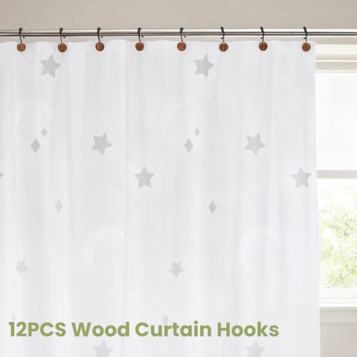 Natural Wood Shower Curtain Hooks - Five Beads Design, 12 Pack