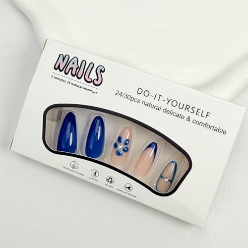 Blue French Almond Press on Nails with Rhinestones & Summer Flower Art