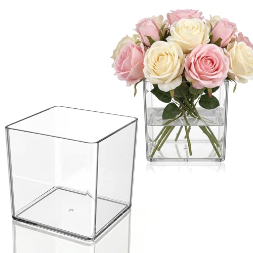 Wowang 4x4 Inch Clear Square Acrylic Vases - 2 Pack Modern Cube Flower Vase