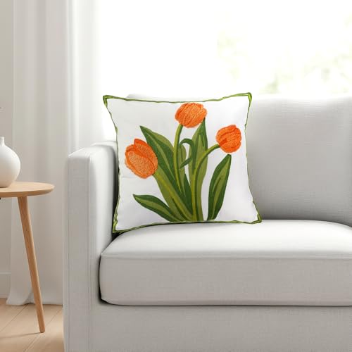 Miayon Embroidered Boho Floral Pillow Cover, 18x18 Inch - Orange Cotton