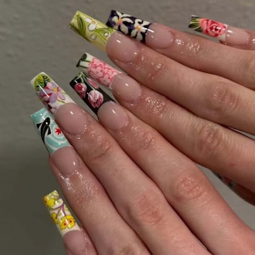 French Tip Long Square Press on Nails with Spring Flower Design