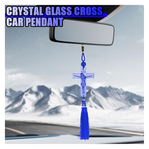 Crystal Jesus Cross Rearview Mirror Charm with Tassel - Blue
