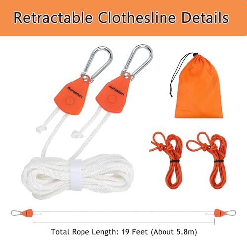 Aurosturt 19FT Orange Retractable Clothesline Outdoor Camping Travel