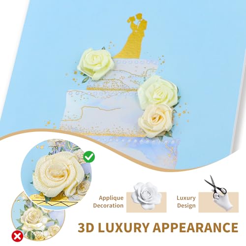 3D Rose Wedding Card for Bride and Groom with Envelope, Gold Foil 7.8"x5.4"