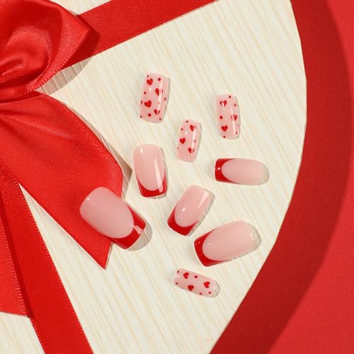 Valentine's Day French Tip Press on Nails with Red Heart Glossy Finish