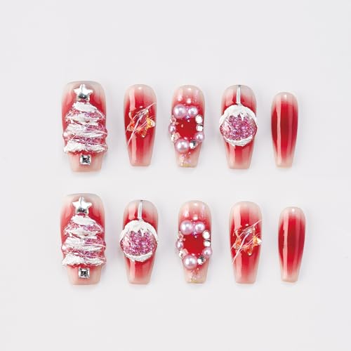 WISHDIAM Handmade Christmas Tree Press On Nails 3D Reusable Gel Nails Large