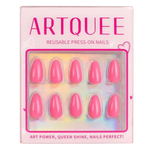 Artquee Hot Pink Short Almond Press on Nails Kit - 32 Pcs Glossy Reusable False Nails