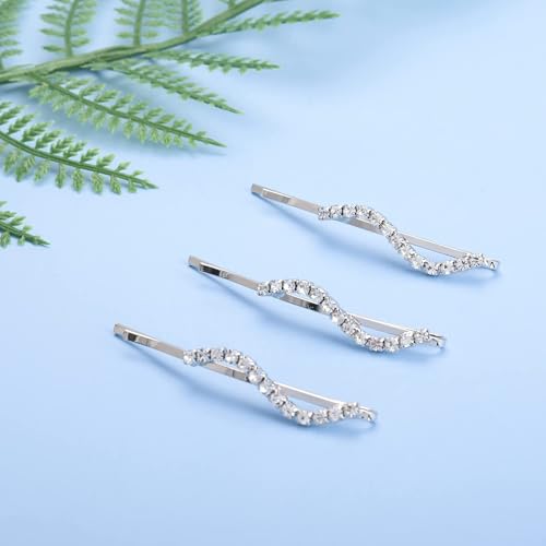 Rhinestone Bobby Pins Set, Silver Crystal Hair Clips 6 Pack